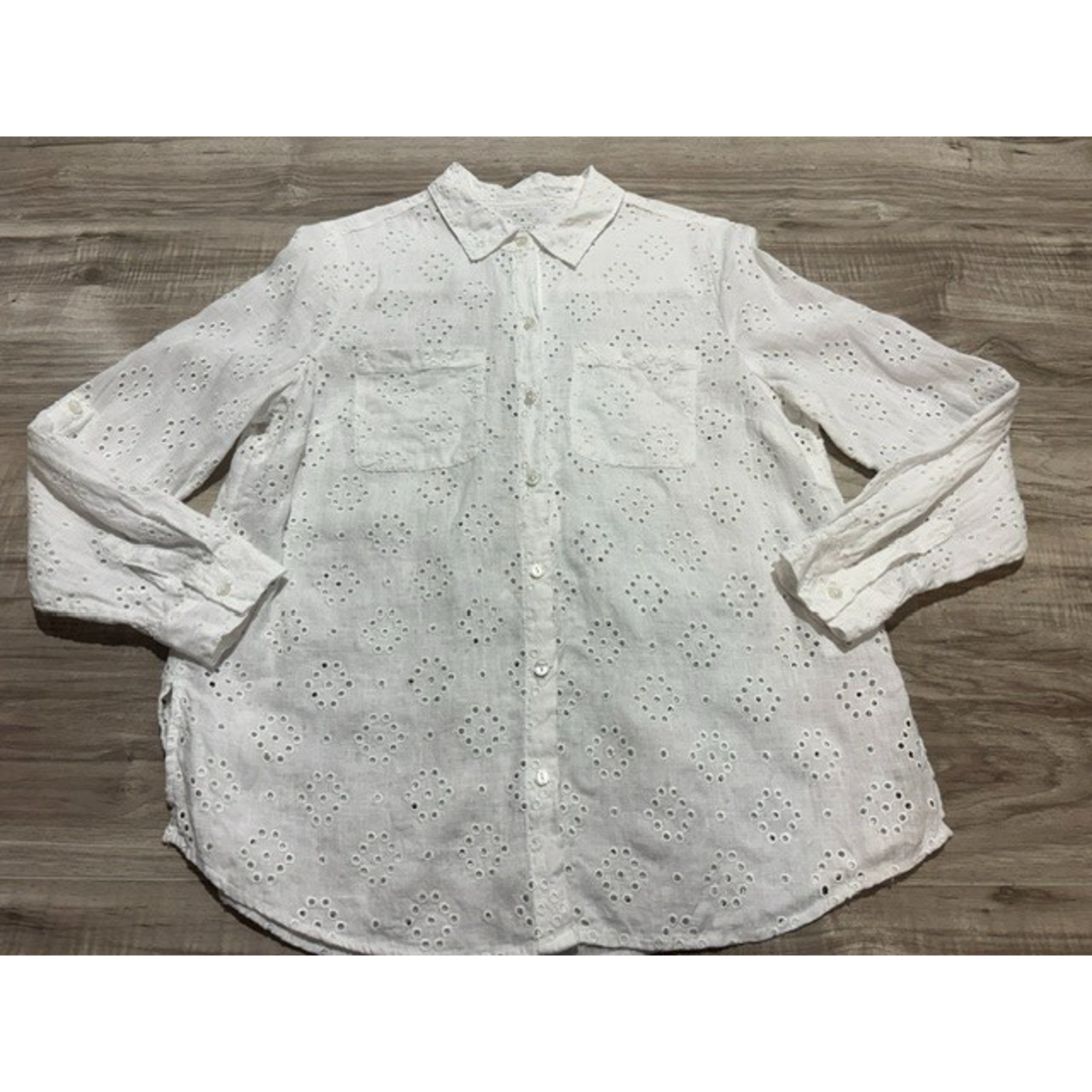 Charter Club Women's 100% Linen All-Over Eyelet Long/Roll Up Sleeve Top-Size M/P